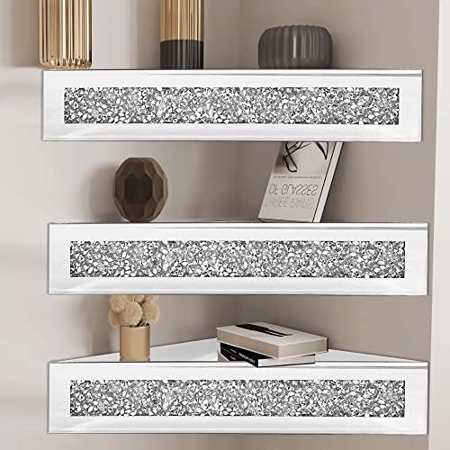 Royxen Corner Floating Shelves 2 Sets, Corner Shelf Wall Mounted Crushed Diamond, Corner Shelves Crystal Mirrored, Float