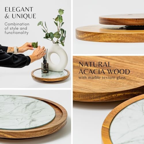 Rickby, 12" Premium Acacia Wood Lazy Susan Turntable for Table Top with Removable Marble Texture Glass Plate, Wooden Laz