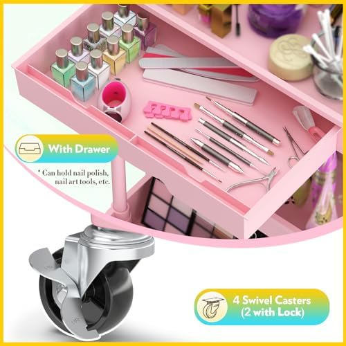 SUNALLY Makeup Cart Organizer with Drawer, 4 Tier Rolling Makeup Cart, Pink
