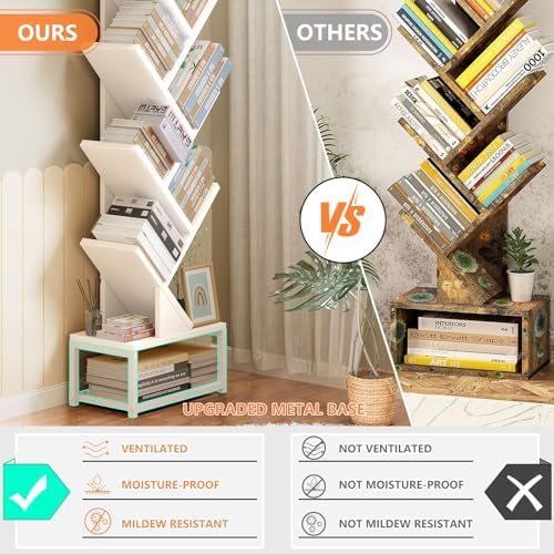 EasyCom Tree Bookshelf Metal Base, 7 Tier Bookcase Storage, Floor Standing Bookshelf Organizer for CDs/Books, Bookshelve