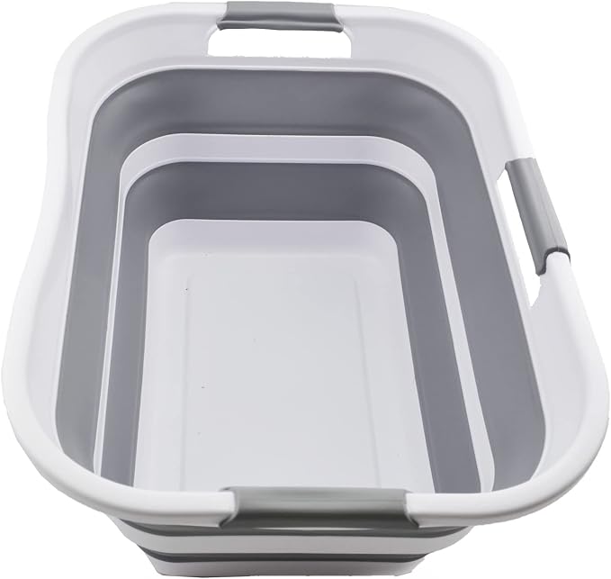 SAMMART 30L(8 gallon) Collapsible Plastic Laundry Basket - Foldable Pop Up Storage Container/Organizer - Space Saving Hamper/Basket - Water Capacity 24L(6.3 gallon) (1, White/Grey/White)
