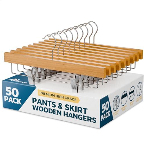 Natural Color Wooden Pants Hangers 50 Pack, Lotus Wood Hanger with Adjustable Non-Slip Clips, Heavy Duty 10 lb Capacity, 360° Swivel Hook, Slim, Space-Saving Design for Slacks, Jeans, Skirts