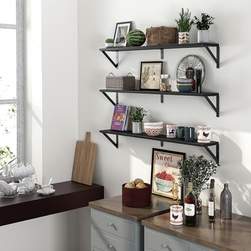 Heimlove Floating Shelves for Wall, 32 Inch Long Wood Floating Shelves Set of 3, Wall Mounted Hanging Shelf for Bathroom