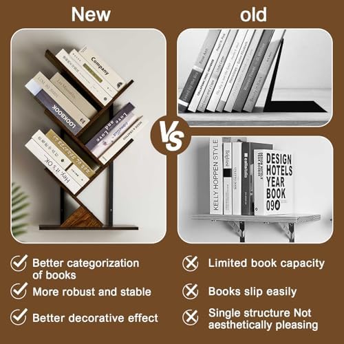 5 Tier Tree Bookshelf Floating Book Shelves for Wall Mount, Wooden Hanging Shelves Storage for Displaying Books/CDs/Maga