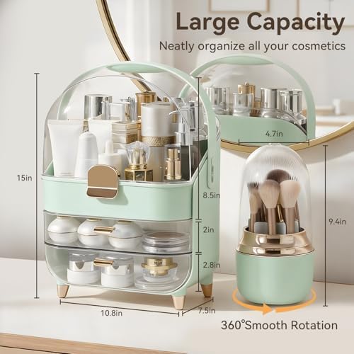 Makeup Organizer for Vanity with Brush Holder, Lid and 2 Drawers, Green