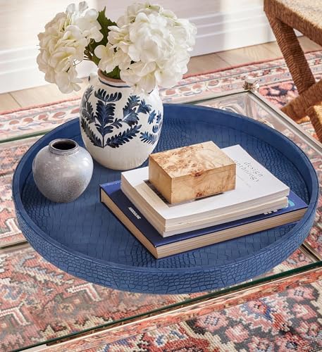 HofferRuffer Round Serving Tray 20'', Elegant Faux Leather Circle Ottoman Table Tray, Serve Tea Coffee Breakfast in Bedr