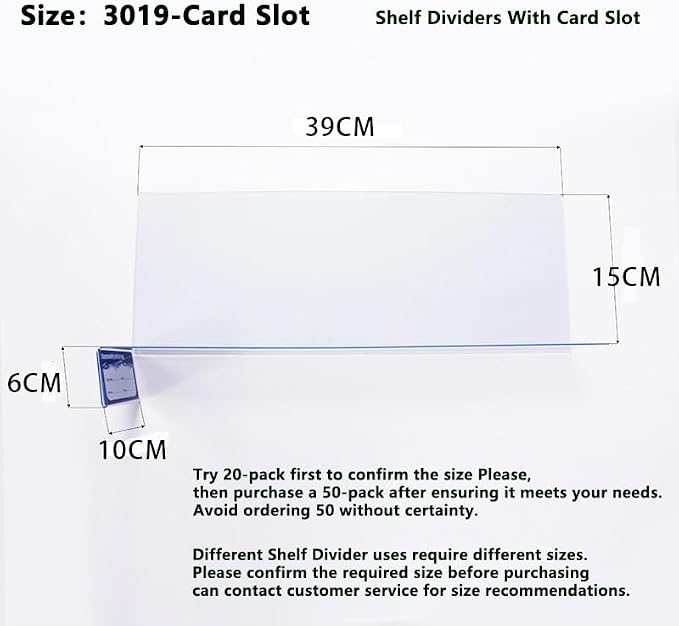20 Pcs 39*15CM Transparent Shelf Dividers with Card Slot，Adjustable Shelf Organizers, Crystal Clear PVC, Ideal for Product Display and Organization on Wire Shelves, Retail Shelving by Clip Strip
