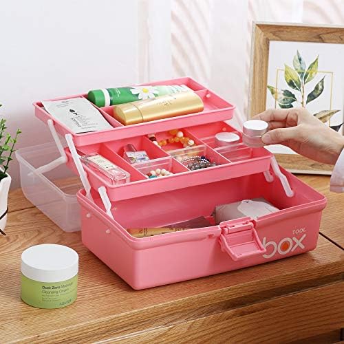 Kinsorcai 12'' Three-Layer Clear Plastic Storage Box with Handle, Craft Tool Box, 3 Layer Pink Tackle Box for Women, Org