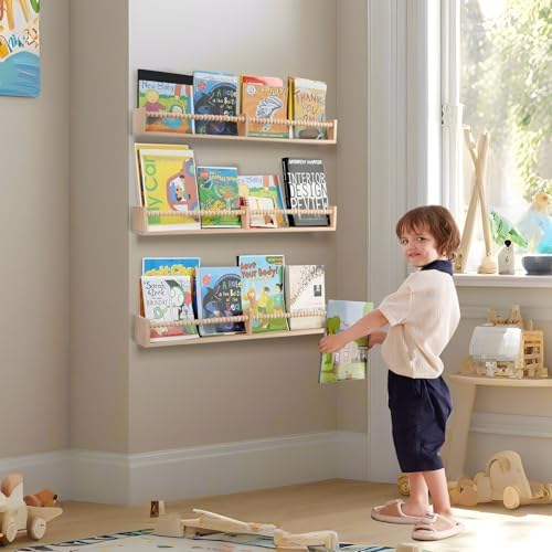 birola Nursery Shelves with Beads Design - 32 Inches Wall Book Shelves Set of 3, Space-Saving Nursery Book Shelves for K