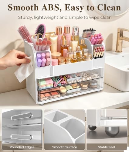 Hanyi Makeup Organizer for Vanity,Countertop Cosmetic Organizer with 2 Clear Drawers & 6 Brush Holders,Large ABS Makeup 
