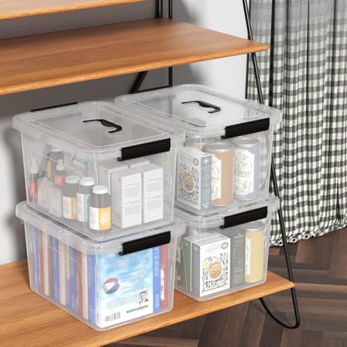 Quickquick 18 Quart Plastic Clear Latching Storage Bin with Handle, 4 Packs