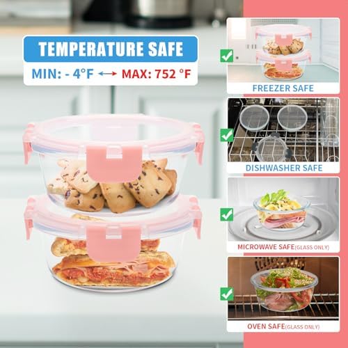 GULFLIN 12pack, 13oz Small Glass Food Storage Containers with Lids, Pink