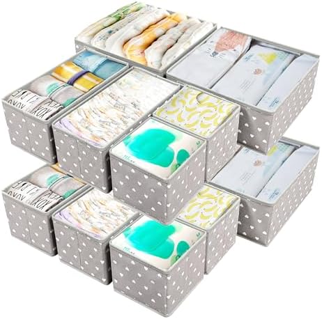 12 Pack Baby Clothes Organizer for Nursery Drawer - Foldable Fabric Dresser Dividers & Storage Bins for Diapers, Onesies