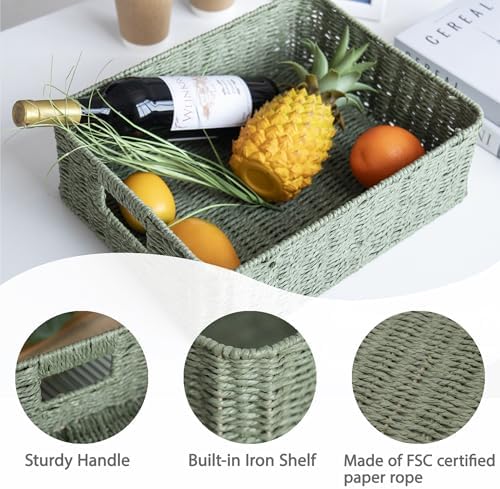 Rectangular Woven Paper Rope Storage Baskets for Shelves(Green)