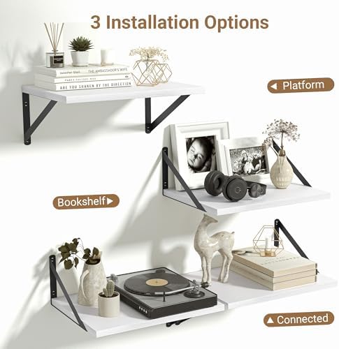 Heimlove 12 Inch Deep White Floating Shelves，Wooden Floating Shelves for Wall 16" W x 12" D Set of 2，Wall Mounted Shelves for Living Room, Bedroom, Kitchen, Bathroom and Decor Storage，Black Bracket