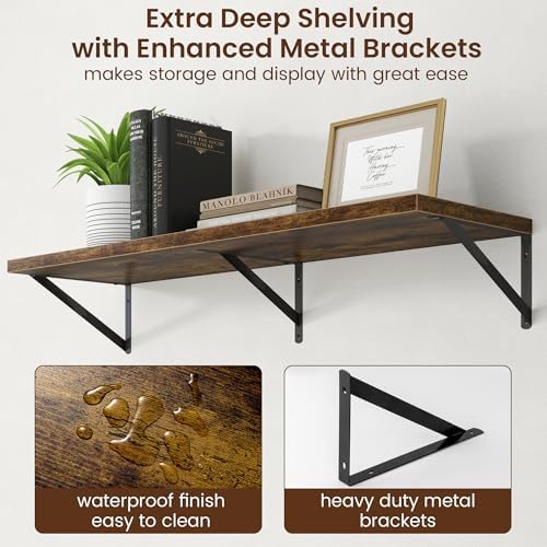 Axeman Deep Floating Shelves - 40 Inch Floating Shelves Set of 2-12 Inch Deep Brown Wood Wall Shelves for Living Room Ba