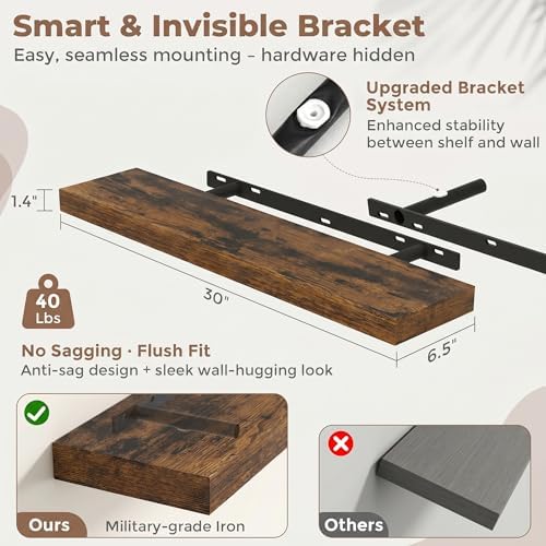 FLYJOE 30 Inch Floating Shelves for Wall Set of 2, 6.5" D Wood Grain Bathroom Shelves with Invisible Brackets, Easy Inst
