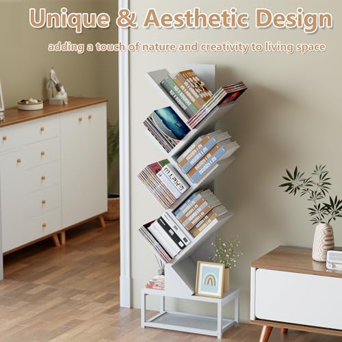 EasyCom Tree Bookshelf Metal Base, 7 Tier Bookcase Storage, Floor Standing Bookshelf Organizer for CDs/Books, Bookshelve