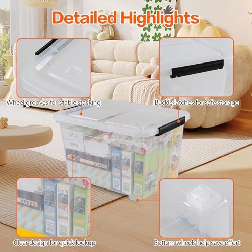 Wekioger 4 Pack Plastic Storage Box on Wheels, 32 Quart Latch Container Bin