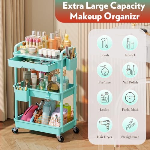 SUNALLY Makeup Cart Organizer with Drawer, 3 Tier Rolling Makeup Cart, Blue