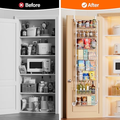 Delamu Over The Door Pantry Organizer, 8-Tier Metal Pantry Door Organization and Storage for Easy Install, Hanging Spice