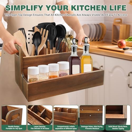 Kitchen Utensil Holder for Countertop with 4 Compartments Acacia Large Utensil Holder Wooden Storage for Cooking,Baking,