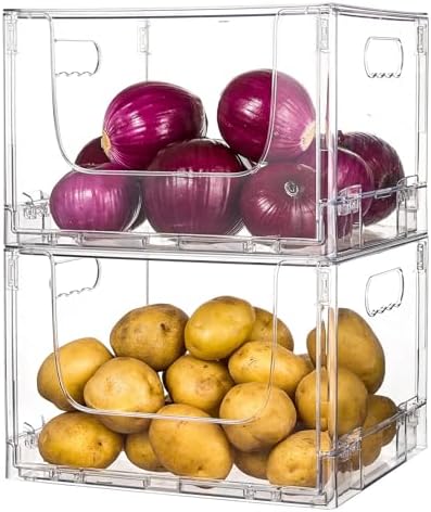 ANUMITRA 2 Pack Large Foldable Open Front Storage Bins with Lids, Stackable Clear Plastic Container Organizer for Pantry