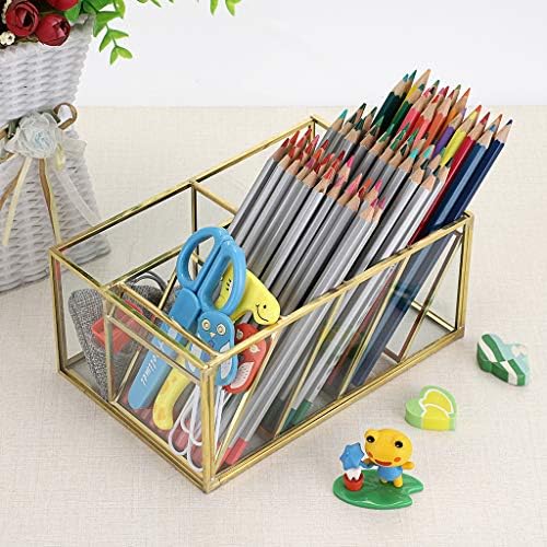 Hipiwe Vintage Gold Metal Desk Organizer - Glass Make up Brushes lipstick Holder Dresser Organizer Pen Pencil Storage Holder for Home Office Supplies (6 Compartment)