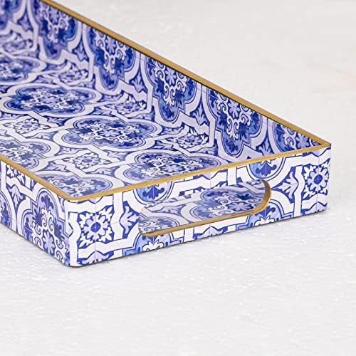MAONAME Blue Decorative Tray with Handles, Rectangular Moroccan Narrow Tray