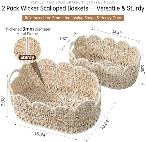 Coeusy Wicker Scalloped Basket Set of 2,Woven Storage Baskets for Shelves,Closet,Laundry,Gifts,Towels,Books,Toys,Waterproof Boho Decor Basket for Organizing