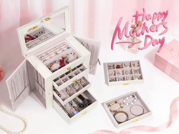 Kendal Extra Large Jewelry Box Jewelry Case PU Leather 6 Tier 5 Drawers Large Storage Capacity with Mirror Jewelry Storage Organizer Great Gift Also Good For Watches LJC-SHD5CM(White)