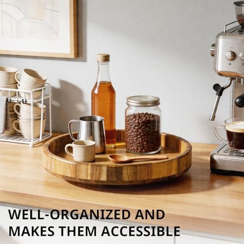 12'' Acacia Wood Lazy Susan Organizer Turntable for Cabinet, Round Wooden Spice Organization and Storage, Rotating Condi
