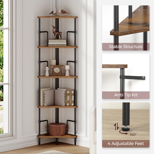 MAHANCRIS 5-Tier Corner Shelf, 52.8" Tall Corner Bookshelf with Metal Frame, Narrow Display Shelf Stand, Industrial Corn
