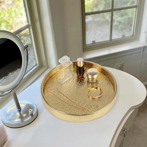 HofferRuffer Faux Leather Round Serving Tray, Vegan Croco Leather Decorative Tray, Food Tray for Storage Drinks, Snack &