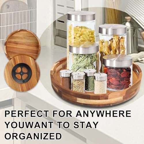 Acacia Wooden Lazy Susan for Table Top-12 Inch Wooden Lazy Susan Turntable with Double Handle-Large Acacia Wooden-Spice 
