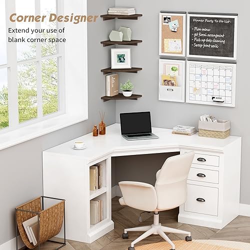 Forbena Floating Corner Shelves for Wall Set of 4, Small Corner Bookshelf for Bedroom Books, Round Wooden Corner Shelf W
