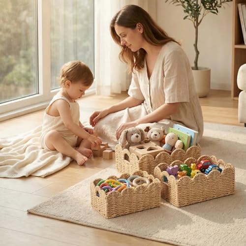 Scalloped Wicker Baskets Set of 3, Hand-Woven Storage with Handles
