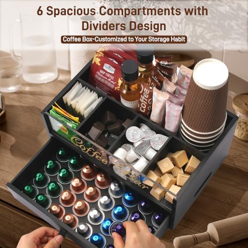 2-Tier Coffee Bar Organizer with Clear Acrylic Top, Built-in Drawer and Leather Handle Pull for Countertop, Stylish Coff