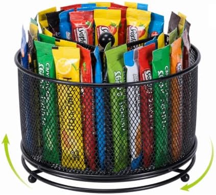 Drink Packet Organizer, 4-Compartment Metal Lazy Susan Turntable for Powdered Drink Mix and Water Flavor Packets, Black