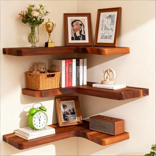 Floating Corner Shelves, Wall Shelf Set of 3, Shelves for Wall Storage, Solid Wood Shelves for Storage, Wall Mount Woode