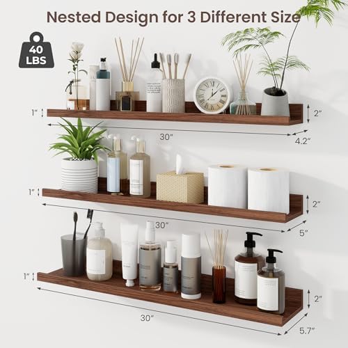 Axeman 30 Inch Floating Shelves, Walnut Picture Ledge Shelf Set of 3