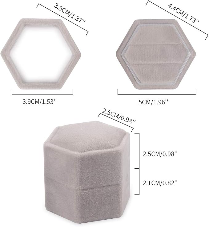 DesignSter Velvet Ring Box Hexagon - Premium Gorgeous Vintage Double Ring Display Holder with Detachable Lid for Proposal, Engagement, Wedding, Ceremony (Gray)