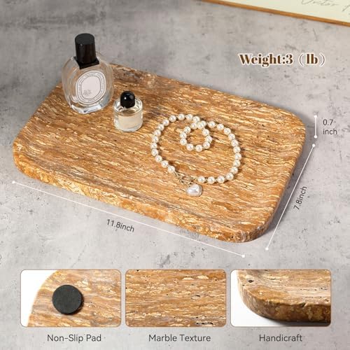 Karibiber Natural Marble Vanity Tray, 11.8" Travertine/Stone Bathroom Tray Countertop, Golden Stone for Perfume Jewelry 