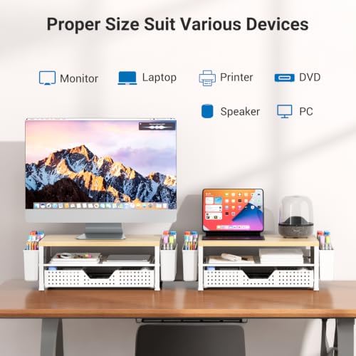 Wood Metal Monitor Stand Riser, Laptop Stand for Desk, Office Desk Organizer and Accessories, Computer Desktop Shelf wit