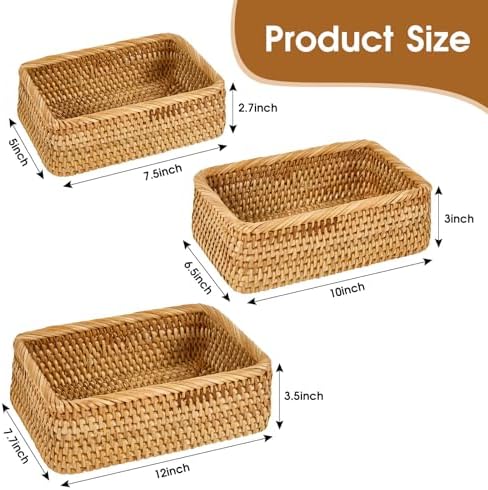 Natural Rectangular Rattan Storage Baskets (Set of 3), Hand Woven Food and Fruit Serving Baskets, Wicker Organizer for L