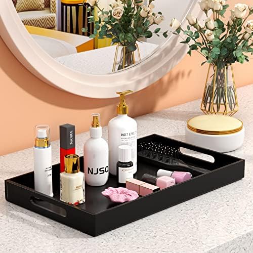 NIUBEE Acrylic Serving Tray 12x20 Inches -Spill Proof- Black Decorative Tray Organiser for Ottoman Coffee Table Countert