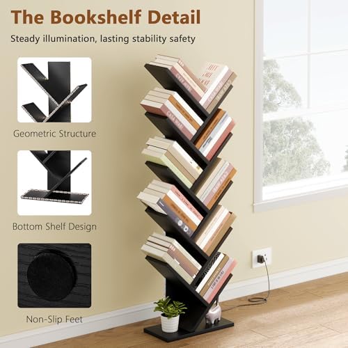 Hoctieon 10 Tier Tree Bookshelf with LED Lights, Small Bookcase, Freestanding Book Shelf, Display Floor Standing Storage