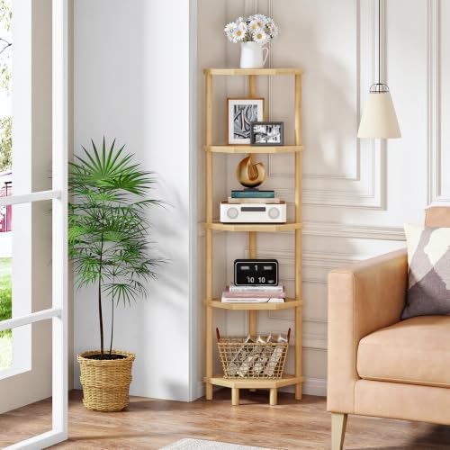 HOOBRO 5-Tier Bamboo Corner Shelf Stand, Plant Display, Tool-Free Assembly