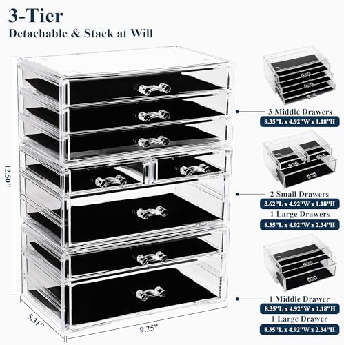 Sea Team 3-Tier Stackable Clear Acrylic Makeup Organizer with Drawers