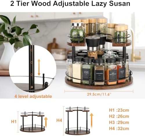 Turntable Lazy Susan Organizer Spice Rack, 2Tier Wooden Spinning Revolving Organizer Height Adjustable,12'' Seasoning Ro